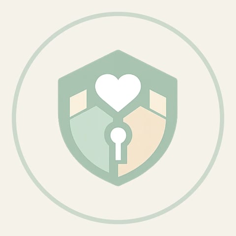 Shield icon with white heart and keyhole symbol in soft green and beige tones