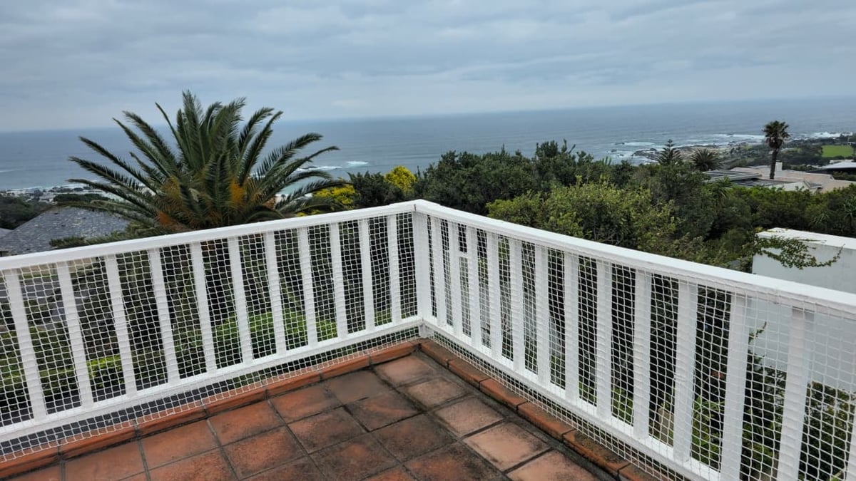 Rooftop terrace with white metal railing overlooking ocean and palm tree, coastal landscape visible