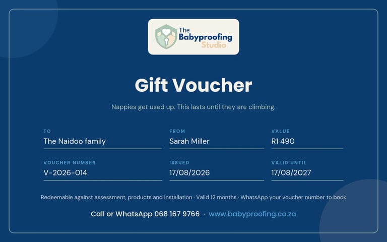 Gift voucher for babyproofing services valued at R1490, issued to The Naddoo family from Sarah Miller, valid until 07/08/2026